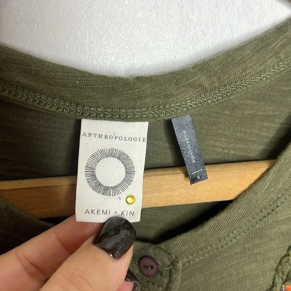 AKEMI + KIN Anthropologie Embroidered Henley Top Boho Olive Green S